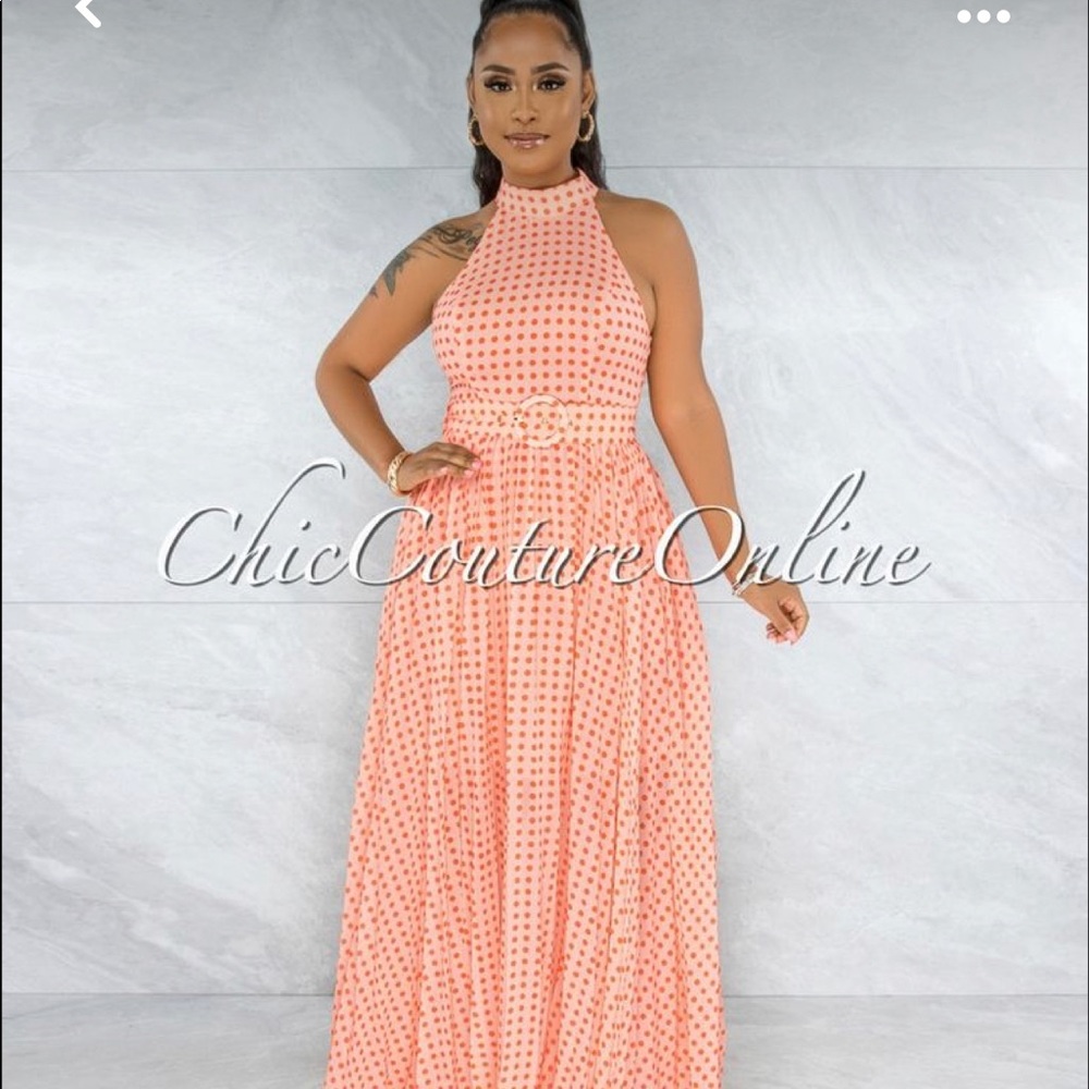 Quella Coral Orange Polka Dots Matching Belt Dress